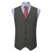 Mens Herringbone Tweed Suit Vest Four Pockets Retro Tweedy Wool Waistcoat - Grey - View 2