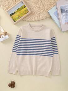 Young Boy Striped Pattern Crew Neck Long Sleeve Knit Pullover Sweater - Apricot - View 8