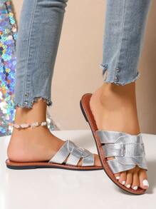 Korean Style Casual Flat Slippers For Women, Summer Open Toe Woven Roman Sandals, Suitable For Dresses, Beach, Apartment, White, Beige, Black, Orange, Yellow, Purple, Gray, Gold, Silver, Blue, Green, Pink, Brown, Leopard Print, Formal, Vacation, Navy Blue, Rhinestone, Linen, Comfortable Slip-On Flats
