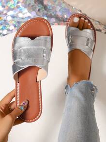 Korean Style Casual Flat Slippers For Women, Summer Open Toe Woven Roman Sandals, Suitable For Dresses, Beach, Apartment, White, Beige, Black, Orange, Yellow, Purple, Gray, Gold, Silver, Blue, Green, Pink, Brown, Leopard Print, Formal, Vacation, Navy Blue, Rhinestone, Linen, Comfortable Slip-On Flats