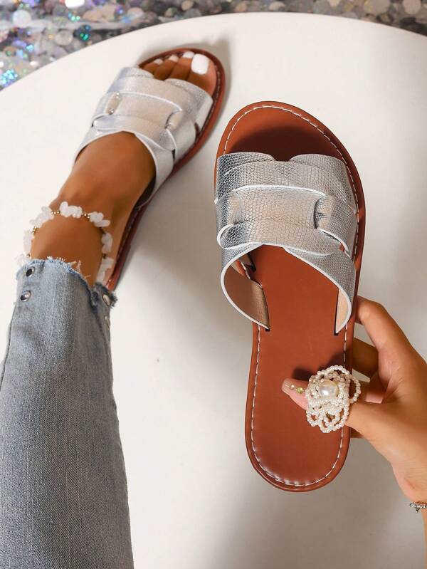 Korean Style Casual Flat Slippers For Women, Summer Open Toe Woven Roman Sandals, Suitable For Dresses, Beach, Apartment, White, Beige, Black, Orange, Yellow, Purple, Gray, Gold, Silver, Blue, Green, Pink, Brown, Leopard Print, Formal, Vacation, Navy Blue, Rhinestone, Linen, Comfortable Slip-On Flats