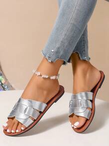 Korean Style Casual Flat Slippers For Women, Summer Open Toe Woven Roman Sandals, Suitable For Dresses, Beach, Apartment, White, Beige, Black, Orange, Yellow, Purple, Gray, Gold, Silver, Blue, Green, Pink, Brown, Leopard Print, Formal, Vacation, Navy Blue, Rhinestone, Linen, Comfortable Slip-On Flats