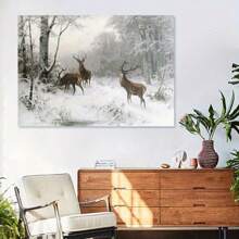 1pc Framed Vintage Deer Painting Winter Landscape Canvas Print Wall Art Mystic Forest Mountain Landscape With Deer Nature Wilderness Poster Modern Art Rustic Scenic For Living Room Bedroom Holiday Prints - White - View 9