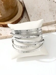 7件套欧美风格手镯套装，锤纹、箭头、花卉、夸张六芒星设计，扭开式手镯，珠宝礼品 - 銀色 - 查看 2