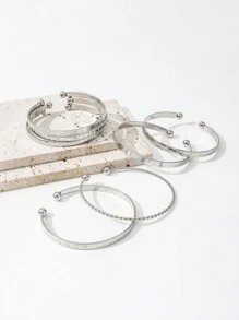 7件套欧美风格手镯套装，锤纹、箭头、花卉、夸张六芒星设计，扭开式手镯，珠宝礼品 - 銀色 - 查看 4