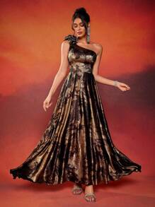 高端优雅不对称领口花卉设计露肩正式晚礼服（装饰款式）女士舞会礼服，适合婚礼嘉宾、毕业典礼、晚宴 - 彩色 - 查看 5