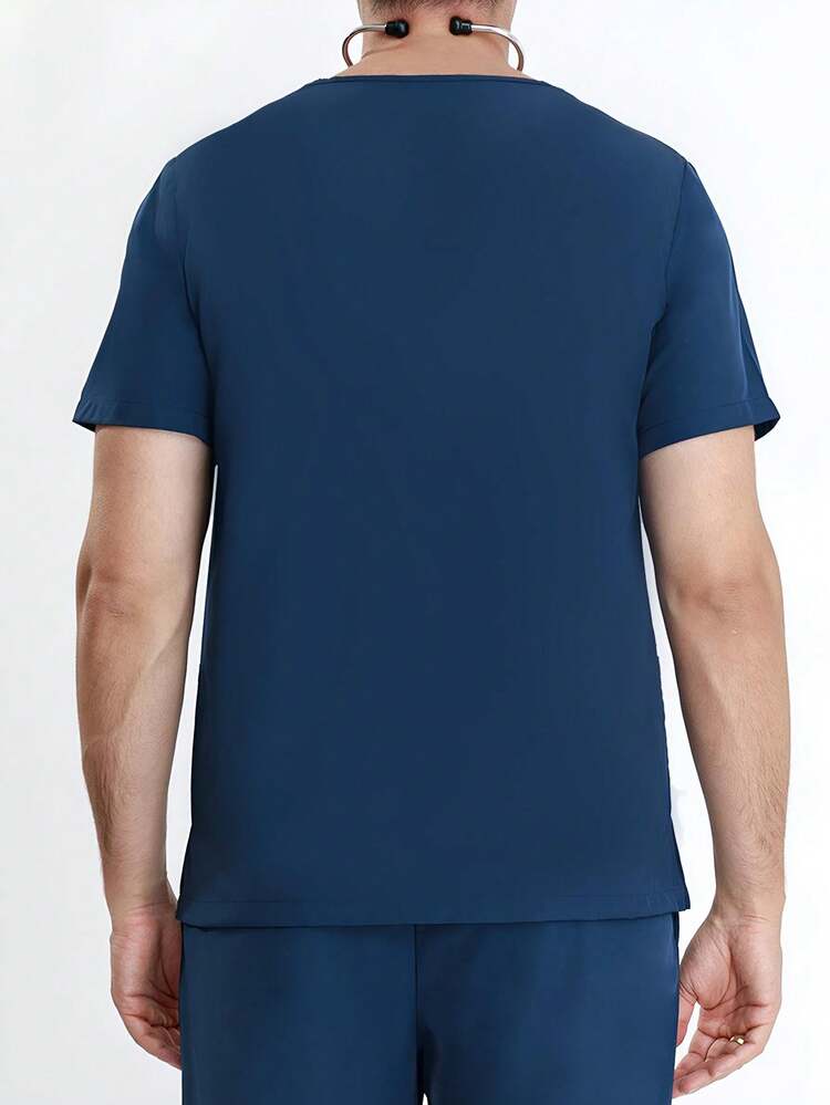 男士短袖弹力工作制服、服务外套、宠物美容沙龙工作服，带口袋，透气弹力衬衫上衣 - 水鴨藍 - 查看 2