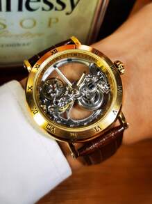 1件装奢华时尚金色镂空自动机械男士腕表，夜光指针，真皮表带，经典商务休闲男士腕表，附赠礼盒 - 金色 - 查看 10