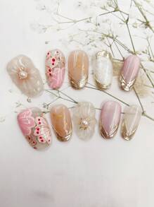 10 Móng Tay Giả Hình Hạnh Nhân Thủ Công, Thiết Kế Hoa Văn Nhật Bản Vẽ Tay Theo Phong Cách Chuyển Màu, Nghệ Thuật Làm Móng Cao Cấp [Thủ Công, Họa Tiết Trang Trí Ngẫu Nhiên, Thích Hợp Sử Dụng Hàng Ngày Hoặc Làm Quà Tặng] Móng Giả Dán, Phụ Kiện Làm Móng, Móng Tay Giả Thủ Công - Nhiều màu - Xem 5