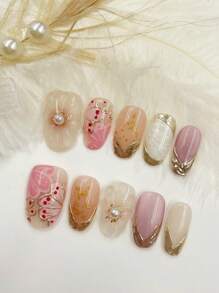 10 Móng Tay Giả Hình Hạnh Nhân Thủ Công, Thiết Kế Hoa Văn Nhật Bản Vẽ Tay Theo Phong Cách Chuyển Màu, Nghệ Thuật Làm Móng Cao Cấp [Thủ Công, Họa Tiết Trang Trí Ngẫu Nhiên, Thích Hợp Sử Dụng Hàng Ngày Hoặc Làm Quà Tặng] Móng Giả Dán, Phụ Kiện Làm Móng, Móng Tay Giả Thủ Công - Nhiều màu - Xem 6