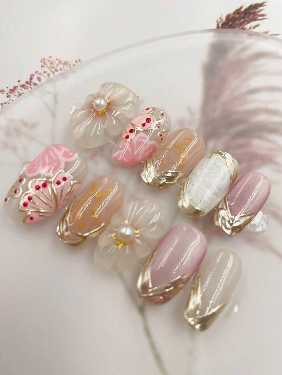 10 Móng Tay Giả Hình Hạnh Nhân Thủ Công, Thiết Kế Hoa Văn Nhật Bản Vẽ Tay Theo Phong Cách Chuyển Màu, Nghệ Thuật Làm Móng Cao Cấp [Thủ Công, Họa Tiết Trang Trí Ngẫu Nhiên, Thích Hợp Sử Dụng Hàng Ngày Hoặc Làm Quà Tặng] Móng Giả Dán, Phụ Kiện Làm Móng, Móng Tay Giả Thủ Công - Nhiều màu - Xem 1