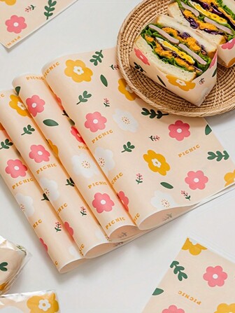 50 pièces Papier d'emballage pour sandwich et hamburger à motif floral mignon, papier absorbant d'huile pour boules de riz, papier jetable pour la cuisson et la friteuse à air