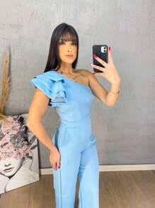 Mule Jumpsuit With Limp Pants, Details On The Sleeve - 藍色 - 查看 2