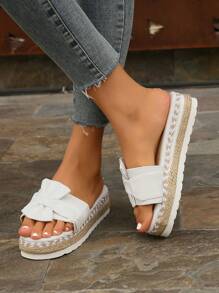 Bowknot Strap Beach Slippers, Women's Fashion Wedge Thick-Sole Sandals Round Toe Rope Bottom Thick-Sole Slide Sandals Suede Solid Color Plus Size Slide Sandals, Versatile For Commuting, Comfortable And Non-Slip - Beige - View 6