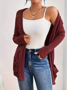 Plus Size Solid Color Cardigan With Pockets, Casual, Spring/Autumn