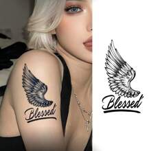 JKCODE TATTOO Independent Designer Sacred Angel Wings & Letter Doodle, Herbal Dye Temporary Tattoo, 15-Day Realistic Tattoo Experience