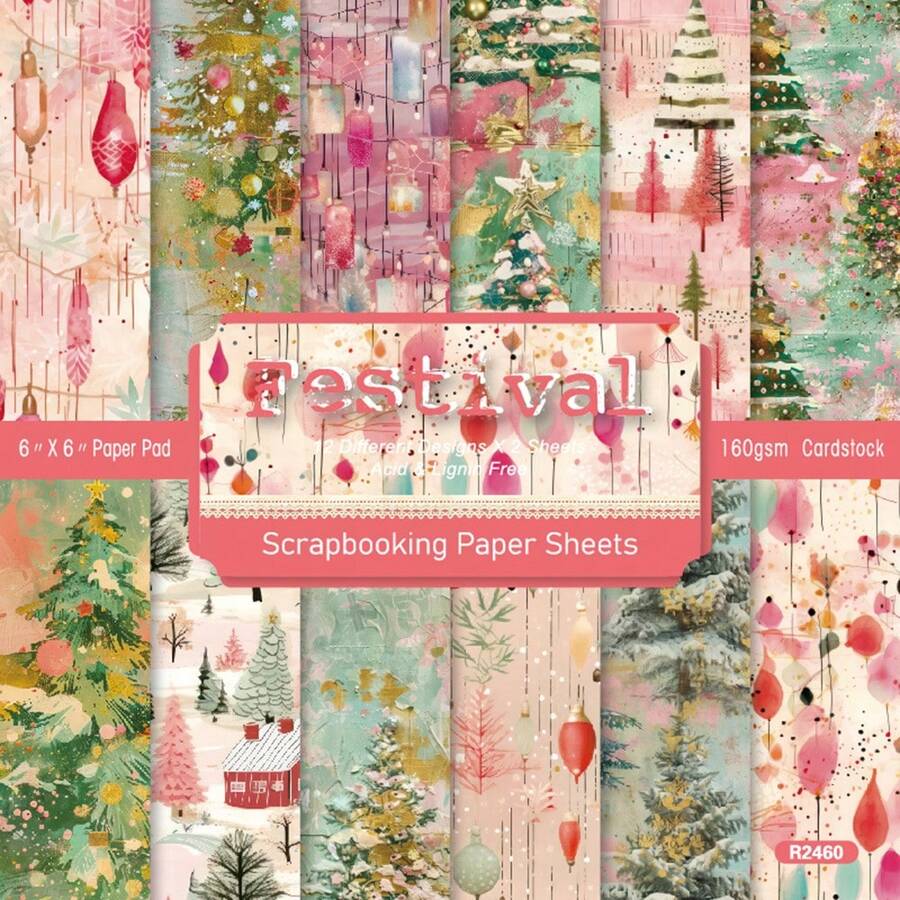 Alinacutle 24 Sheets 6"X6" Christmas Tree Pink Paper Pad Pattern Papers Design Paper For Decorative Craft Scrapbooking Album DIY Handmade Cards Greeting Card Making Holiday Gifts - Mixed Color - View 1