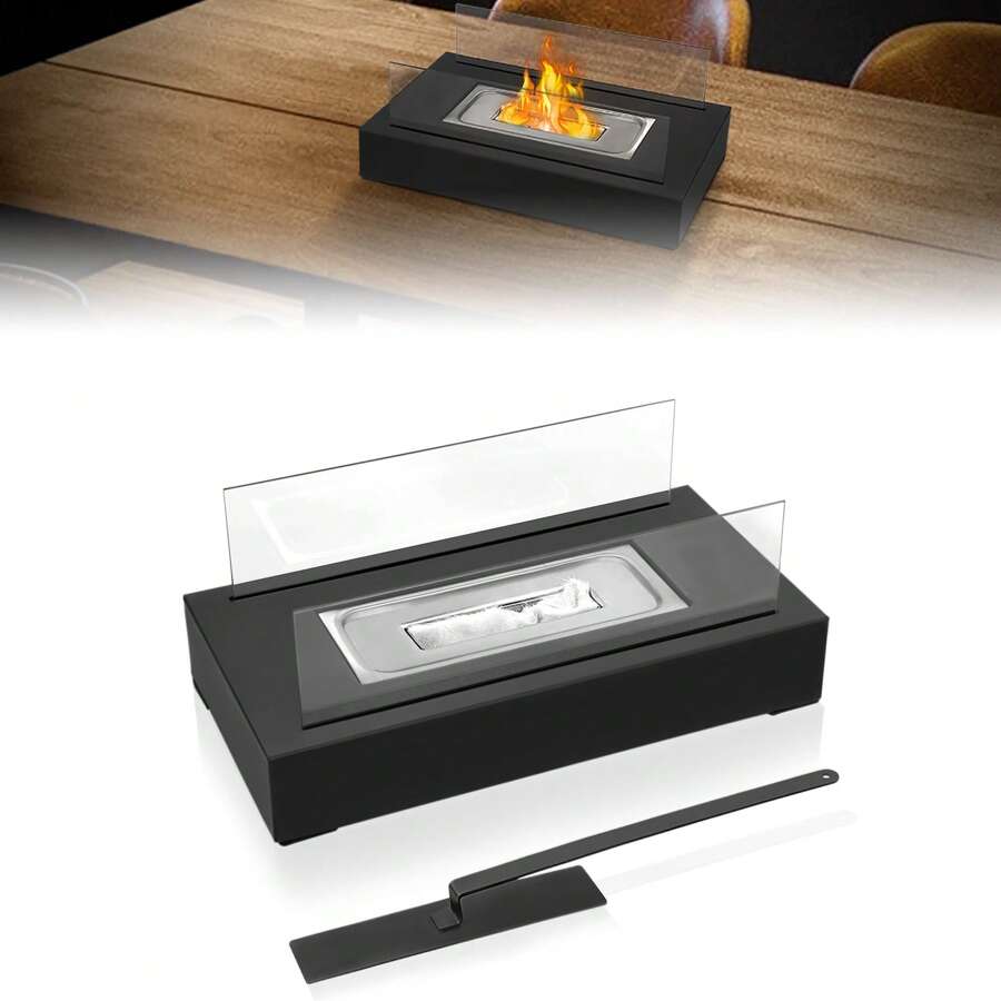 VA-Cerulean Bioethanol Table Fireplace - Round/Rectangular With 2 Or 4 Glass Panels, Stainless Steel Table Fire With Flame Arrester For Balcony And Living Room - Rectangular 2-sided Glass - View 1