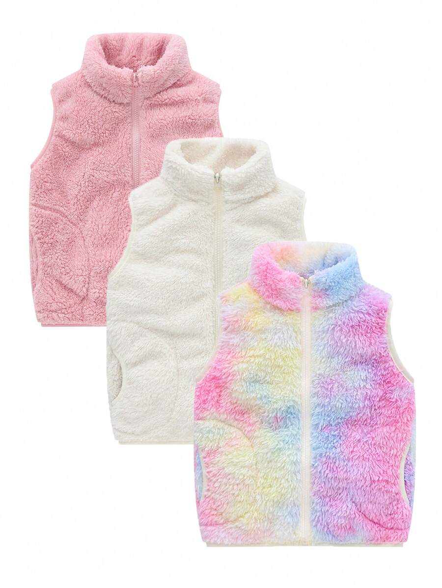 3pcs/Set Young Girl Cute Sports Casual Sweet Lady Academy Comfy Fuzzy Turtleneck Warm Windbreak Vest Outfits, Spring Autumn Winter - Multicolor - View 1