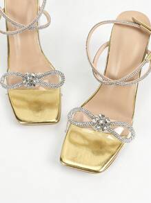 Women's Fashion Gold Rhinestone Bow Decor Transparent Versatile Party Chunky Heel Ankle Strap Sandal, Suitable For Summer Charming Versatile Party Chunky Heel Sandal - Gold - View 7