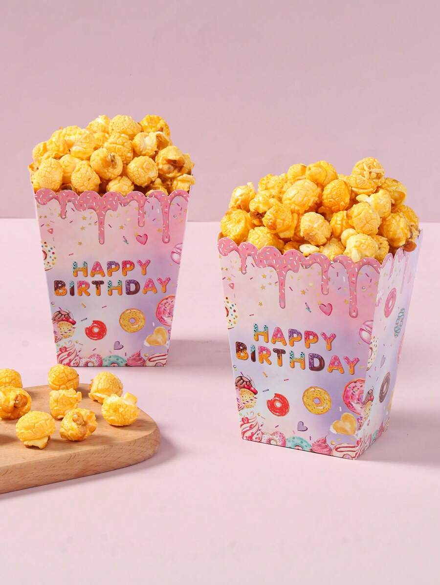6个粉色甜甜圈主题食品盒，印有“生日快乐”字样，可用作薯条盒、爆米花杯、一次性食品容器、食品托盘、爆米花桶、零食盒，适用于甜甜圈主题生日派对装饰、家庭电影之夜、面包店、汉堡店、圣诞节和其他场合。