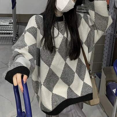 여성용 기하학 패턴 라운드 넥 드롭 숄더 긴팔 루즈핏 니트 스웨터, 가을/겨울