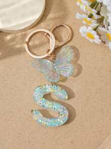 1pc Creative Keychain With Letter Stone Resin Pendant, Butterfly Tassel Letter Charm Keyring For Girls - White - View 7