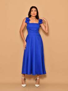 Duna Linen Plain Luxury Midi Dress With Bow On The Shoulder - Royal Blue - View 2