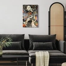 1Pc Framed Canvas Wall Art Poster Vintage Halloween Black Cat Folk Art Print  Halloween Town Wall Art, Halloween Pumpkin Artwork, Halloween Decor For Home, Halloween Poster - Black - View 3