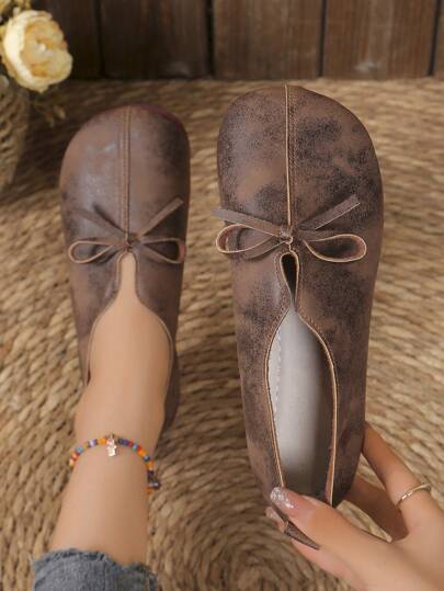 Women's Casual Solid Color Soft Bottom Round Toe Ballet Flats With Bow Decor, Slip-On Fashion Loafers Valentines