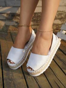 Sandalias de tacón de plataforma y cuña para mujer, nuevas de verano, con punta redonda, tejido y suela gruesa, tallas grandes