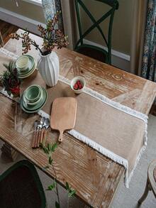 1 pièce Chemin de table en jute rétro, pour restaurant, fête, rassemblement, couverture de table à manger de vacances, décoration d'hôtel, auberge - Kaki - Voir 2