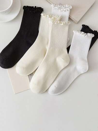 3 Pairs Ladies Lace Edge Mid-Calf Socks, Comfortable And Fashionable For Daily Wear Valentine's Day Valentines