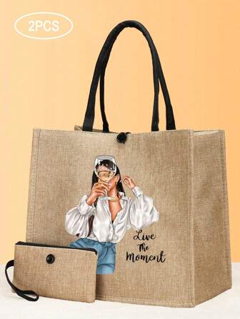 2PCS Printing Handbag, With White Butterflies, Female Brides Lady Handbags, Best Families And Loved Ones, Valentine's Day Gifts, Portable Handbags, Multi -Function Shopping Bags, Large Capacity, Suitable For Travel, Suitable For Work, School, School, Beach Graduation Gifts, Fashion Items With Wallets