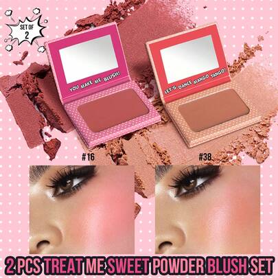 Misslyn Treat Me Sweet 2色腮红套装。Treat Me Sweet 腮红，丝滑粉质，哑光或珠光两种妆效可选，提亮肤色，自带镜子，打造自然哑光光泽，持久显色。