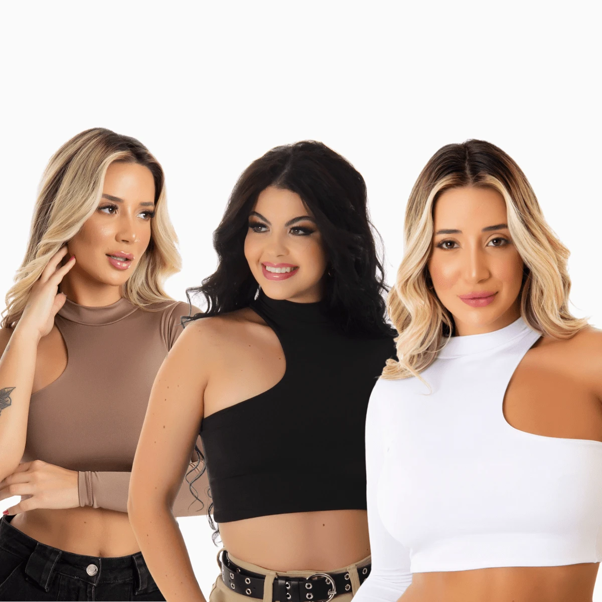 Kit Of 3 Cropped Blouses With High Neck, One Long Sleeve And Asymmetrical Cut - Multicolor - View 1