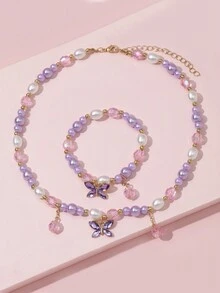 1 juego Nuevo conjunto de joyería de collar y pulsera para niños, accesorios de cuentas, colgante de mariposa linda de princesa para niñas - Multicolor - Ver 1