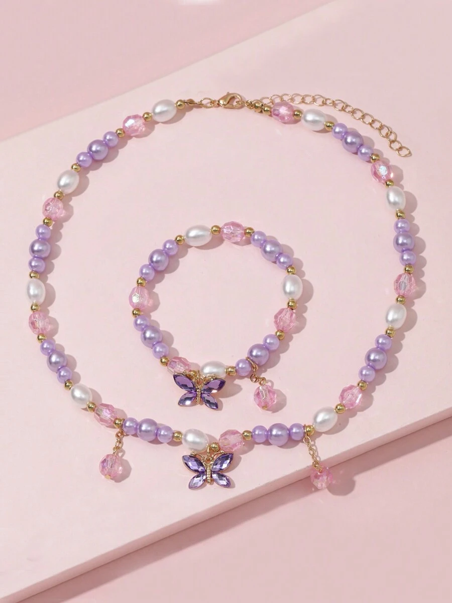 1 juego Nuevo conjunto de joyería de collar y pulsera para niños, accesorios de cuentas, colgante de mariposa linda de princesa para niñas - Multicolor - Ver 1