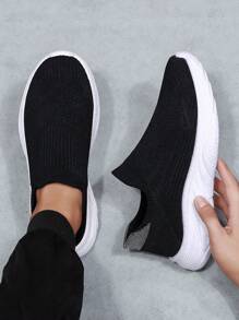 1 Pair Loose Fit Casual Sports Shoes For Women, Couples Elastic Knit Sneakers, Lightweight & Breathable Walking Shoes For Women
