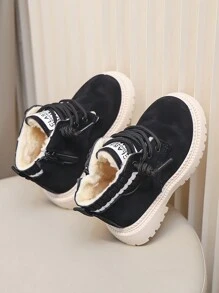 Children's Boots New Winter Retro Fashionable And Simple Warm Boots With Laces And Side Zipper Design Snow Boots Windproof And Cold-Istant Boots - Black - View 2