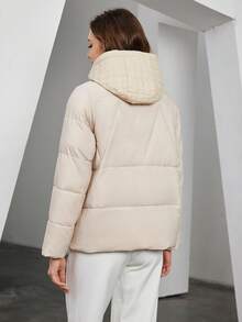 ZIAI Women Solid Color Long Sleeve Hooded Drawstring Casual Padded Coat, Winter - Beige - View 2