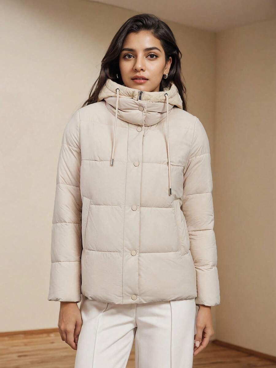 ZIAI Women Solid Color Long Sleeve Hooded Drawstring Casual Padded Coat, Winter - Beige - View 1