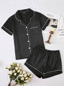 Conjunto de pijama de satén manga corta con botón para mujer, conjunto pijama para mujer ropa camisa shorts dormir verano - Negro - Ver 9