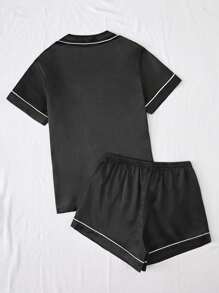 Conjunto de pijama de satén manga corta con botón para mujer, conjunto pijama para mujer ropa camisa shorts dormir verano - Negro - Ver 10