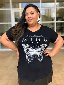 Plus Size Butterfly Print T-Shirt V-Neck GG G1 G2 G3, Lightweight Fabric, Great Fit And Comfort, Women's Blouse - màu đen - Xem 3