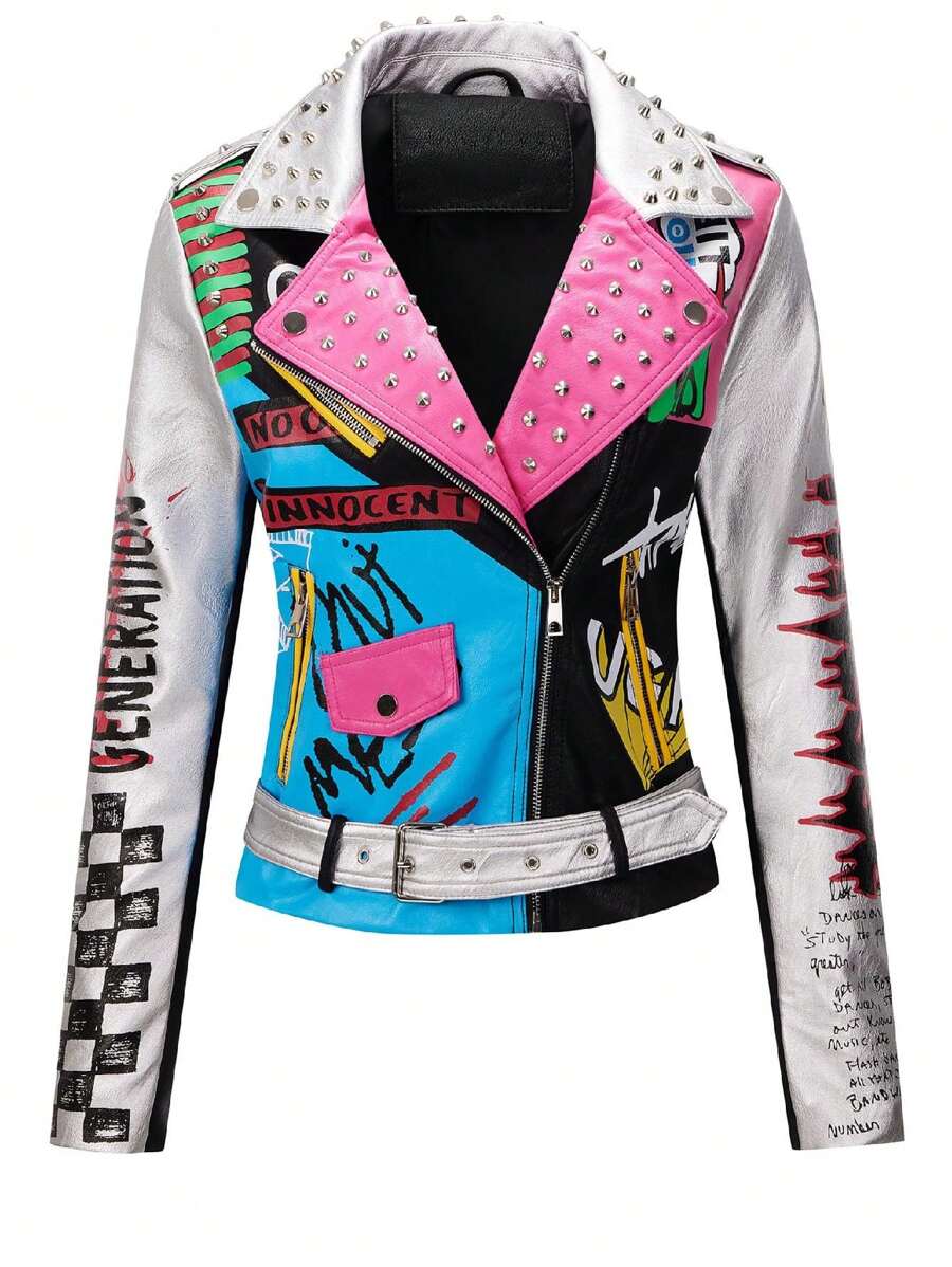 Faux Women's Leather Jacket  Studded Studded  Floral Motorcycle Biker Coat - Bạc - Xem 1