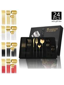 4/24 件不锈钢葡萄牙餐具套装，带 1 个礼盒，适用于餐厅、婚礼、派对、节日、圣诞礼物、厨房、圣诞礼物 - 彩色 - 查看 8