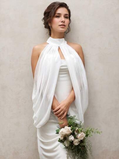 1pc White Bridal Chiffon Tube Top Draping Shawl, Adjustable Backless, Shoulder Strap Wedding Accessory Fall Clothes For Women