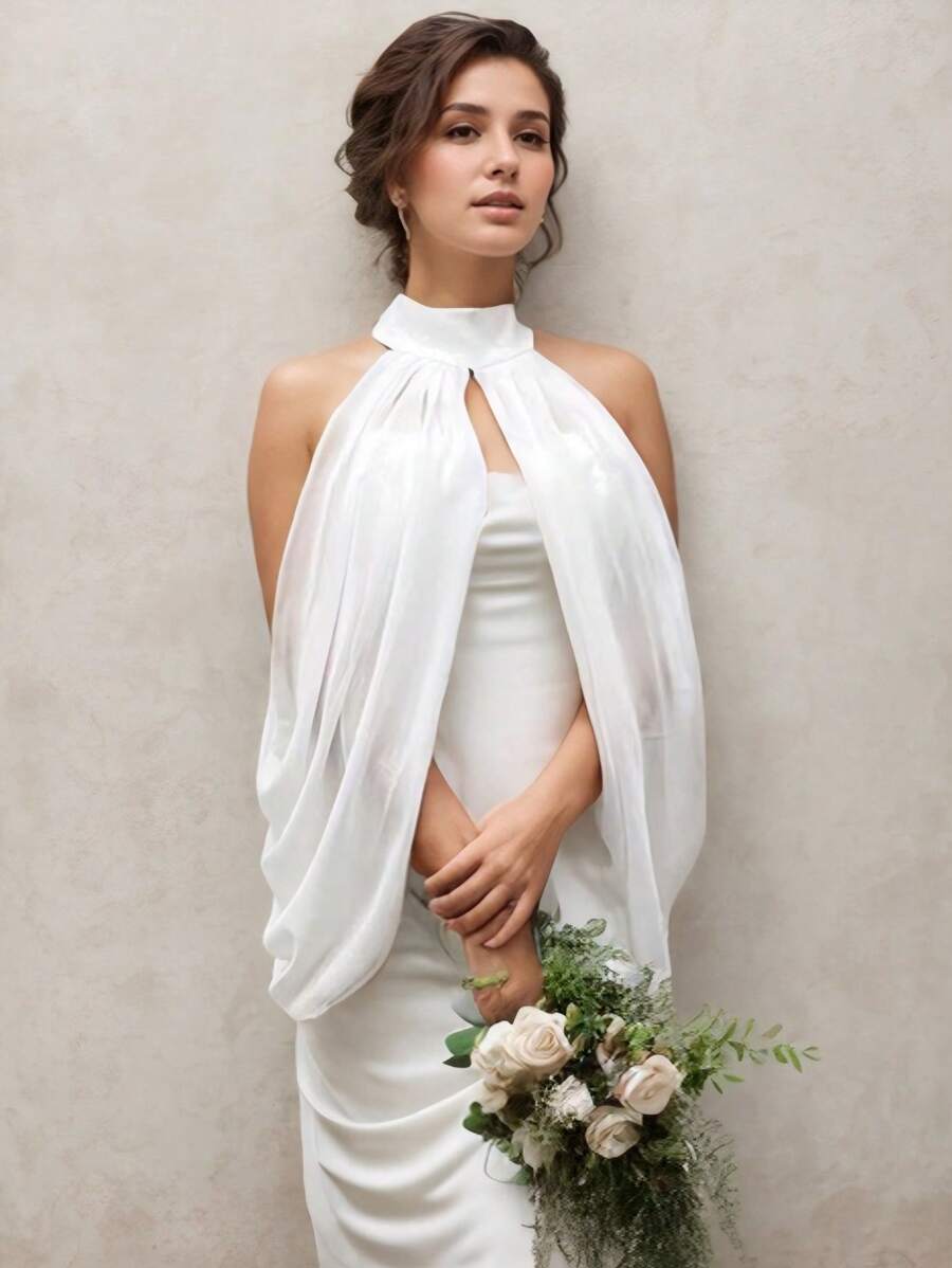 1pc White Bridal Chiffon Tube Top Draping Shawl, Adjustable Backless, Shoulder Strap Wedding Accessory Fall Clothes For Women - Multicolor - View 1