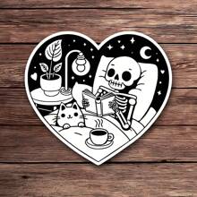 1PC Cozy Skeleton And Cat Reading Sticker - Spooky Reader Vinyl Decal For Kindle, E-Reader, And Laptops - Bookish Heart Shaped Gift, Waterproof And Durable - Multicolor - View 10